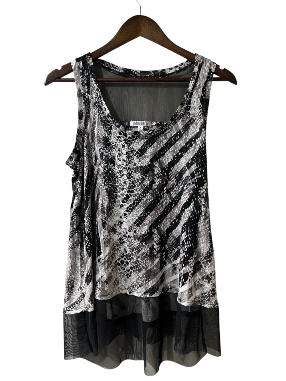 Jennifer Lopez Black White Pullover Top Mesh Sleeve Accents Stretch Sz M